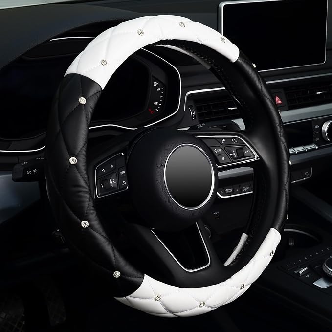 Diamond Soft Leather Steering Wheel Cover with Bling Bling Crystal Rhinestones, Universal 15 inch, Black White