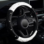 Diamond Soft Leather Steering Wheel Cover with Bling Bling Crystal Rhinestones, Universal 15 inch, Black White