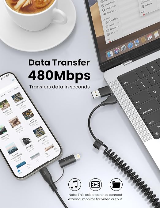 Coiled USB-C and Lightning Cable 2-in-1, 3FT iPhone 17 16 Car Charger Cord, 60W Fast Charging Cable for iPhone 15, Samsung Galaxy Supports Apple CarPlay & Android Auto