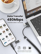 Coiled USB-C and Lightning Cable 2-in-1, 3FT iPhone 17 16 Car Charger Cord, 60W Fast Charging Cable for iPhone 15, Samsung Galaxy Supports Apple CarPlay & Android Auto