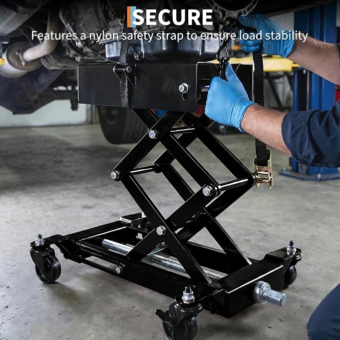 Low Profile Transmission Jack, 450 LBS Heavy Duty Alloy Steel Transmission Lift, 7-23 Inch Lifting Range with 2M Safety Straps & 4 Lockable Swivel Brake Wheels, Car Truck Repair Service Jack, Red