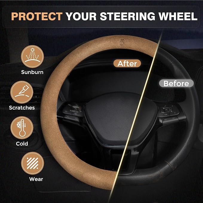 Car Steering Wheel Cover Winter, Microfiber Suede Steering Wheel Covers with Anti-Slip Lining, Breathable Elastic Car Steering Wheel Protector Soft, Universal Standard Size 14-15 inch