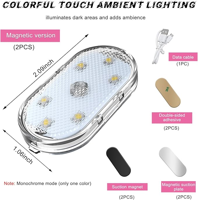 2 PCS Wireless Led Lights for Car Interior, 7 Colors Magnetic Auto Ambient Light with 6 Bright LED Lamp Beads, USB Rechargeable Vehicle Led Night Light, Car Accessories (Ice Blue)