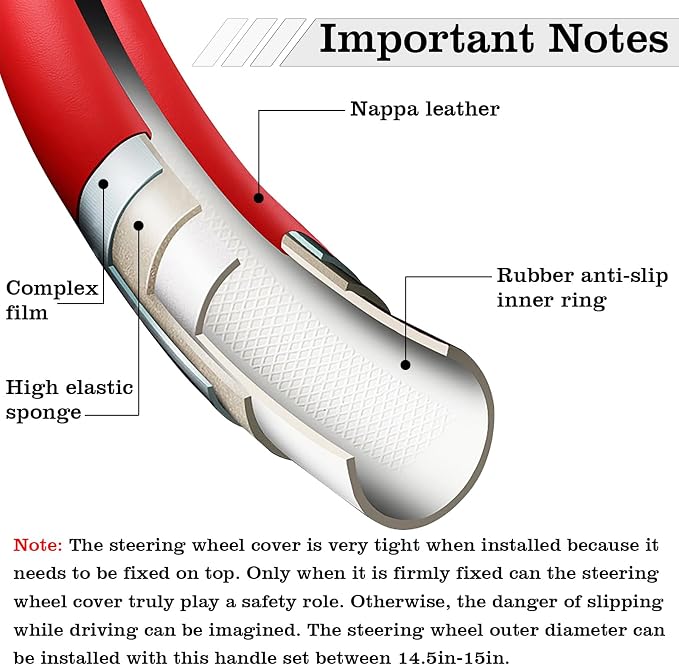 Car Leather Steering Wheel Cover - Panapi Material, Universal 14.5-15 Inch Leather Anti-Slip Breathable Auto Steering Wheel Covers for Men Women (Nappa Leather - Red & White)