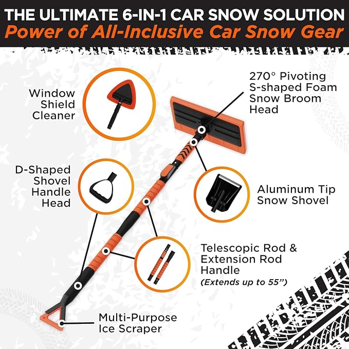 55" Ice Scrapers for Car Windshield and 270° Pivoting Non-Scratch Snow Brush Winter Car Kit with Snow Shovel Snow Brush for Cars and Snow Scraper with Extendable Snow Shovel for Car