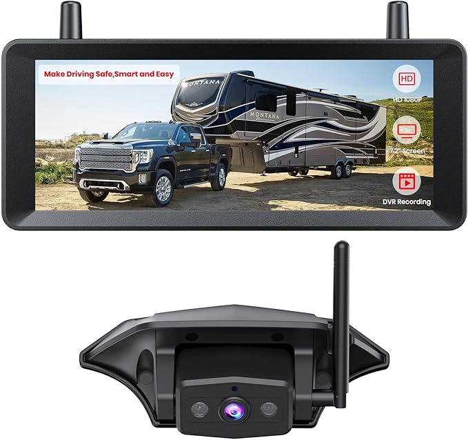 Wireless RV Backup Camera: 30Min Plug and Play Setup, Smooth Live View Even Past 60ft, 7.2" 1080P DVR Monitor, Super IR Night Vision Back up Camera Works with Pre-Wired RV, 5th Wheel, Trailer