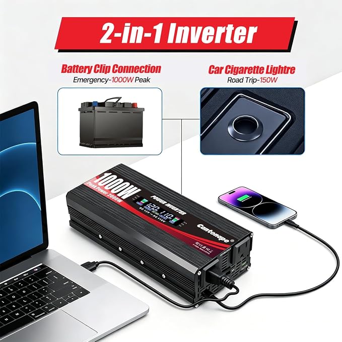 1000W Car Power Inverter DC 12V to 110V/120V AC Converter with LCD Display 2 AC Outlets, 3.0A USB and Type-C Car Inverter for RV Camping Laptop Truck Vehicle