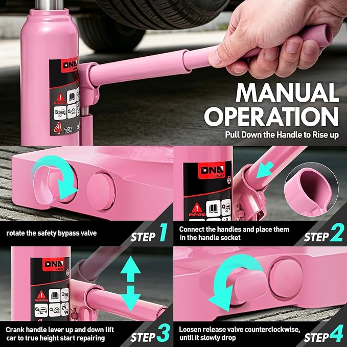 4 Ton / 8000 lbs Lifting Automotive Welded Hydraulic Bottle Jack for Car SUV Pickup, Auto Repair, with Manual Handle & Carrying Storage Case, Pink