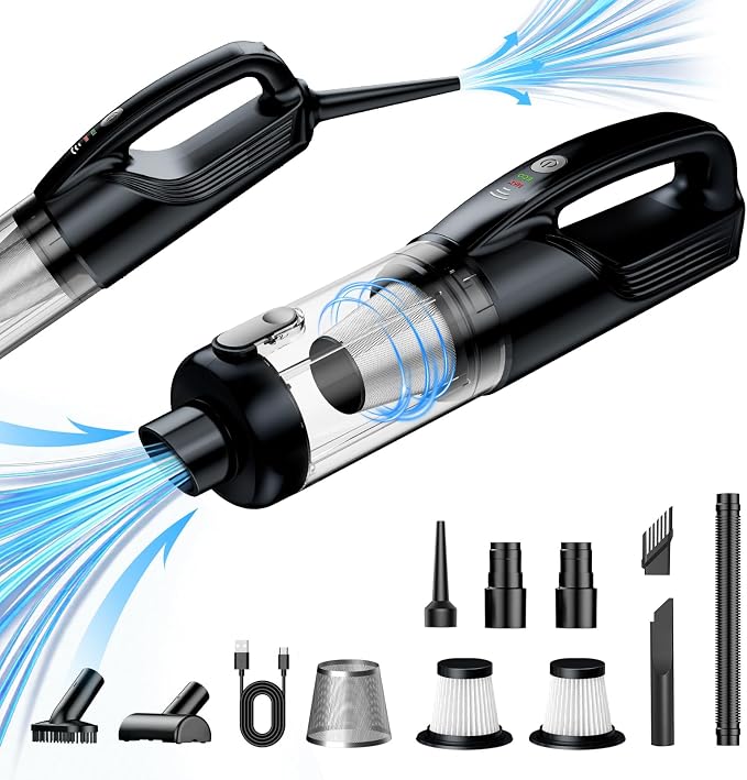 Handheld Vacuum Cordless, 17000Pa Car Vacuum Portable Cordless with Brushless Motor, 2-in-1 Vacuum Cleaner with Multi-Nozzles & Washable Filters, 2 Suction Modes for Home, Car, Office, Pet Hair