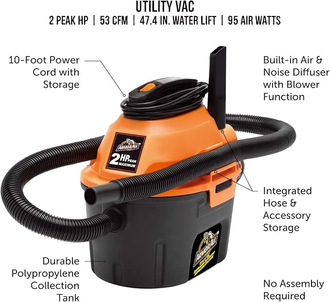 AA255, 2.5 Gallon 2 Peak HP Wet/Dry Utility Shop Vacuum, Orange