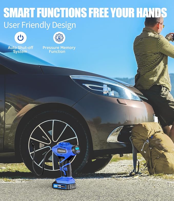 Cordless Tire Inflator Portable Air Compressor, 20V Rechargeable Battery Powered Car Tire Pump w/ 12V DC Adapter, Digital Pressure Gauge, Air Pump for Car, Bike, Motorcycle, Ball