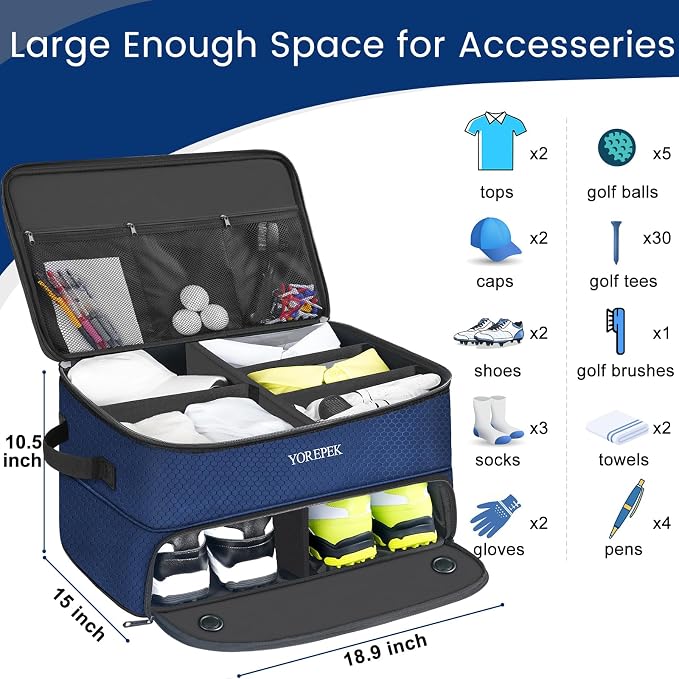 2 Layer Golf Trunk Organizer, Golf Gifts for Men with Separate Ventilated Compartment for 2 Pair Shoes, Waterproof Car Trunk Locker for Balls, Tees, Clothes, Gloves, Gifts for Golfers