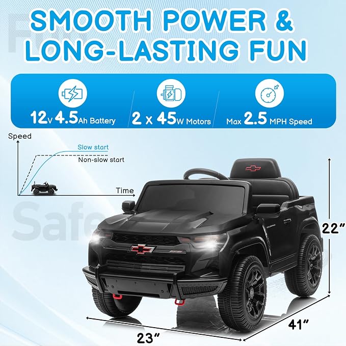 Licensed Chevrolet Colorado Electric Car for Kids, 12V Ride on Toys for Toddlers with Remote Control, Battery Powered Electric Car Ride On Vehicle w/Bluetooth, Soft Start, LED Lights - Black