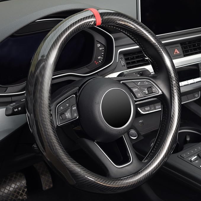 Steering Wheel Cover Carbon Fiber, Universal Standard Size 14.5-15 inch Car Steering Wheel Accessories for Men, Black