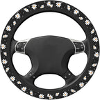 Daisy Floral Steering Wheel Cover Women Girls Cute Flower Car Steering Wheel Cover Black Anti-Slip Soft Neoprene Auto Accessories Interior Decor Protector Covers Gifts Elastic Universal 15 Inch