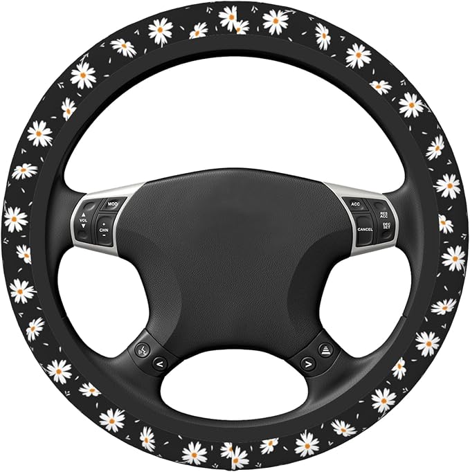 Daisy Floral Steering Wheel Cover Women Girls Cute Flower Car Steering Wheel Cover Black Anti-Slip Soft Neoprene Auto Accessories Interior Decor Protector Covers Gifts Elastic Universal 15 Inch