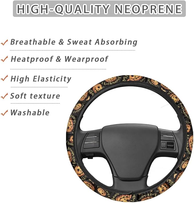 Pumpkin Pattern Car Steering Wheel Cover Soft Sweat Absorbing Non-Slip Steering Wheel Covers 15 inch Universal Fit Alomost Cars SUVs Truck Halloween Car Interior Decoration