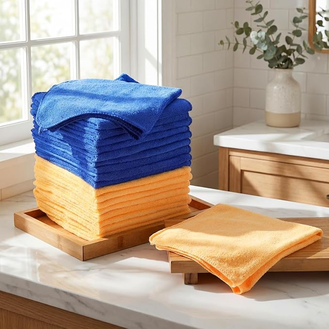 60 Pcs Microfiber Cleaning Cloths for Cars 16 x 16 Inch Ultra Absorbent Car Towels Drying Reusable Cleaning Supplies House Kitchen Window Microfiber Towel (Yellow,Blue)