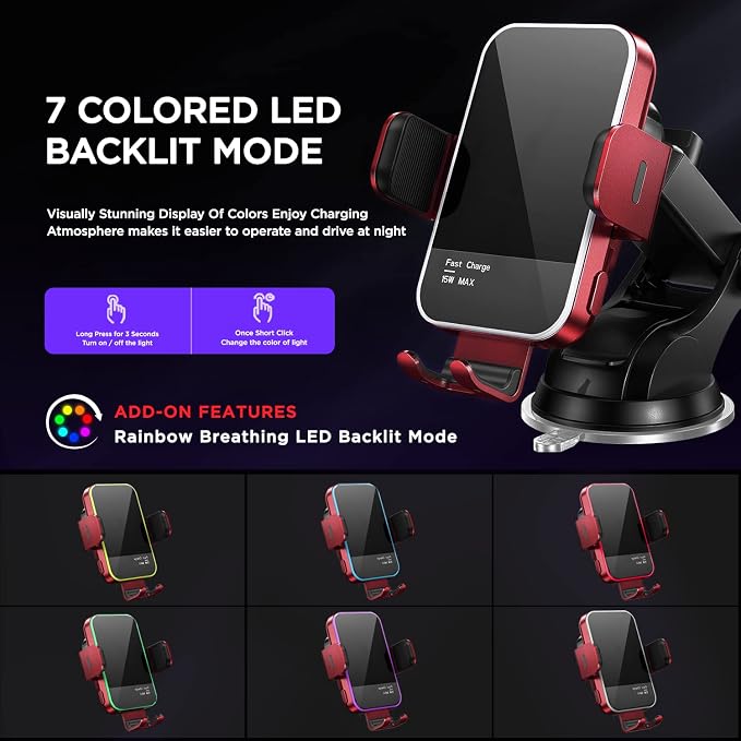 Wireless Car Charger,【7 Colored RGB Backlit】 15W Auto Clamping Car Charger Phone Mount Holder fit for iPhone 15 14 13 12 Mini Pro Max 11 XR XS, Samsung Galaxy S24 Ultra S23 S22 S21+ Note 20, etc