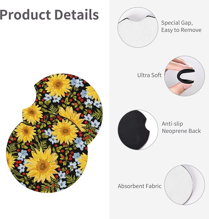 Steering Wheel Cover Sunflower Car Accessories + 2 Pieces Coasters | Universal 14-15 Inch Neoprene Auto Interior Decor Anti Slip Car Protector for Women Men