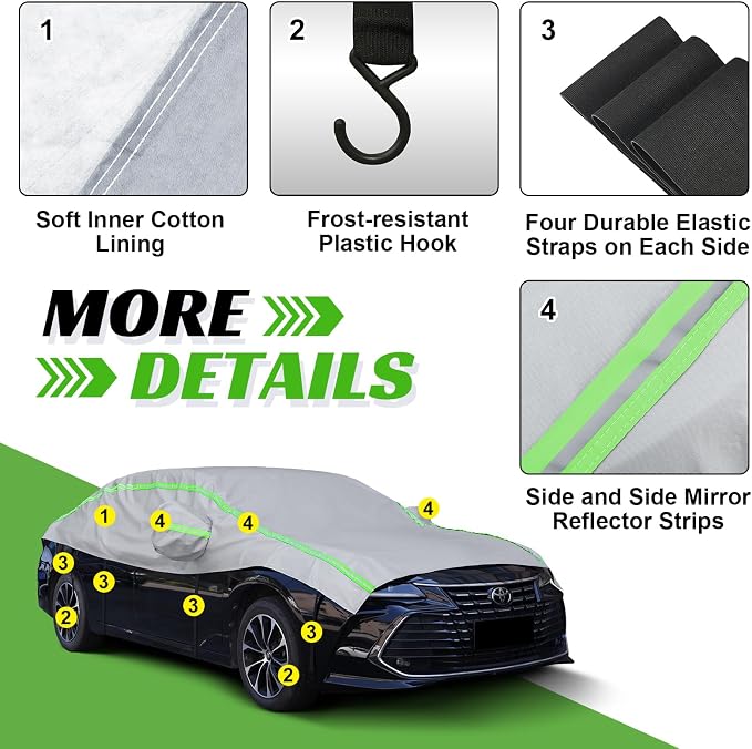 Half Car Cover SUV with Green Reflective Strip, Windshield Cover for Ice and Snow with Cotton Liner, Hail Protector Car Cover Waterproof All Weather for Snow, Sun, Rain, Dust, UV Protection