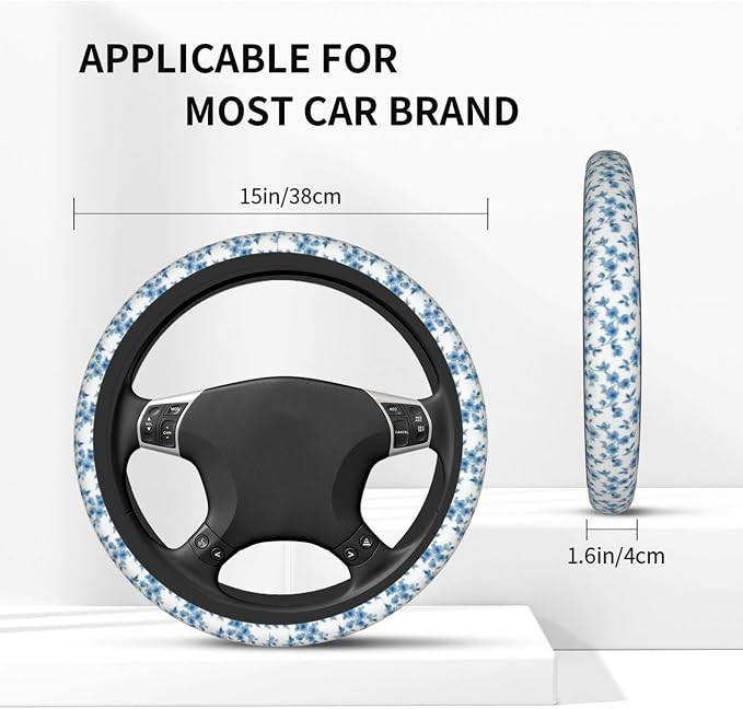 Cute Floral Steering Wheel Cover 15 in + 2pc Blue Flowers Car Coasters | Anti-Slip Breathable Universal for Car Suitable for Men Women Florals