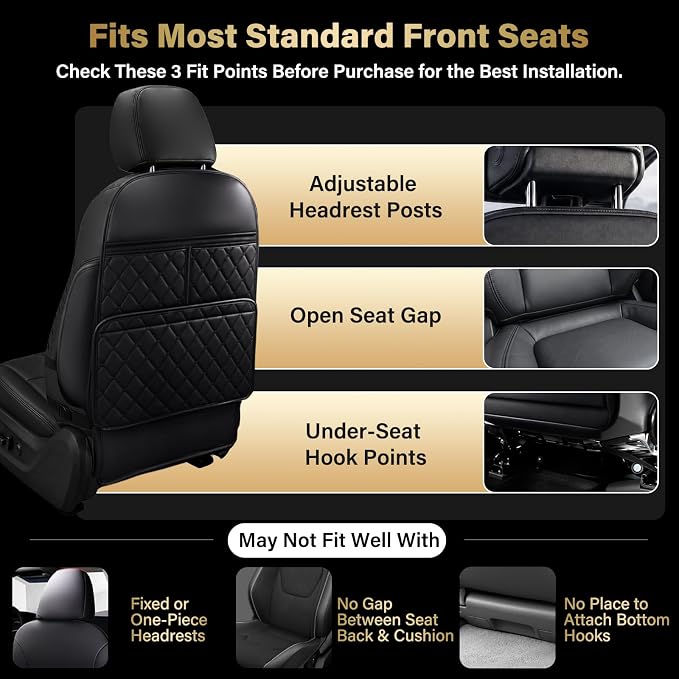 2 Pack Kick Mats Back Seat Protector, Seat Back Protector for Back of Front Seats Against Dirt, Scuffs & Scratches, 3 Storage Pockets, Easy to Clean, Black