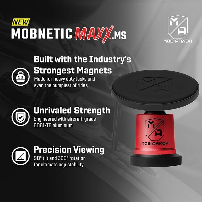 MobNetic Maxx MS - MagSafe Compatible Car Phone Mount w/ 90º Tilt, 360º Rotation & Durable Aluminum Build, Magnetic Holder for iPhone & Android Devices, USA Assembled - Red