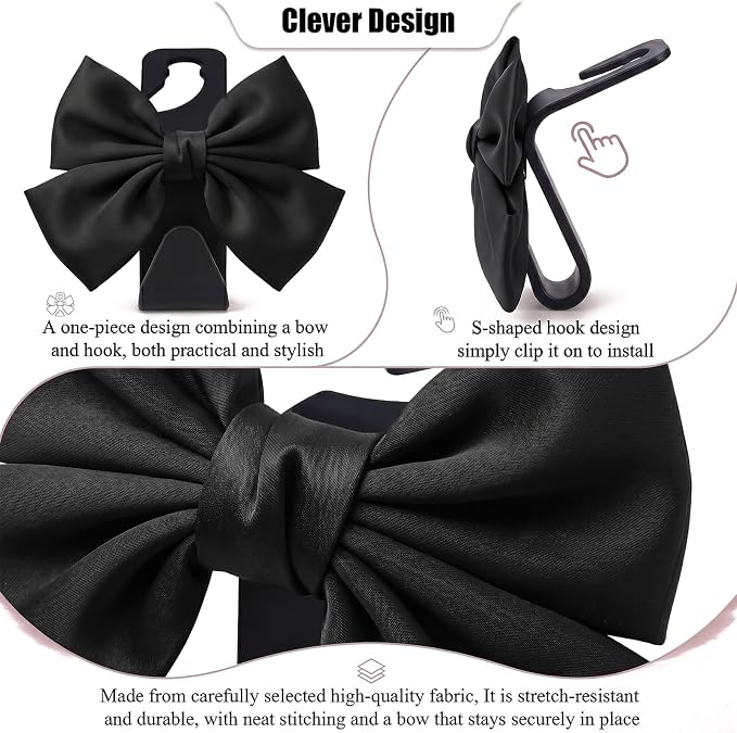 2 Pack Cute Bow Car Seat Headrest Hooks, Purse Hook for Car, Car Purse Hanger for Bags, Backseat Storage Organizer, Universal Vehicle Hooks for Women, Sedan SUV Truck, Black