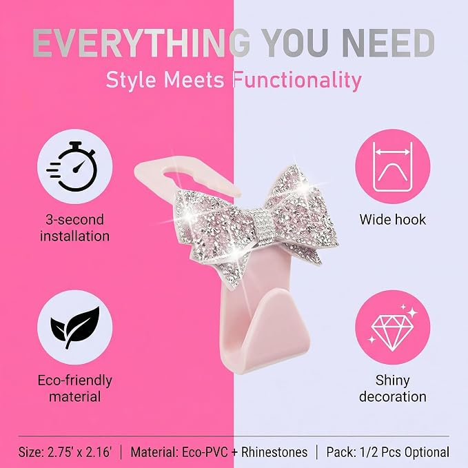 2 PCS Bling Car Seat Headrest Hooks, Crystal Rhinestone Bow Car Purse Hooks, Vehicle Seat Back Storage Hook for Handbag Purse Coat Grocery, Universal for SUV Truck Sedan (Pink)