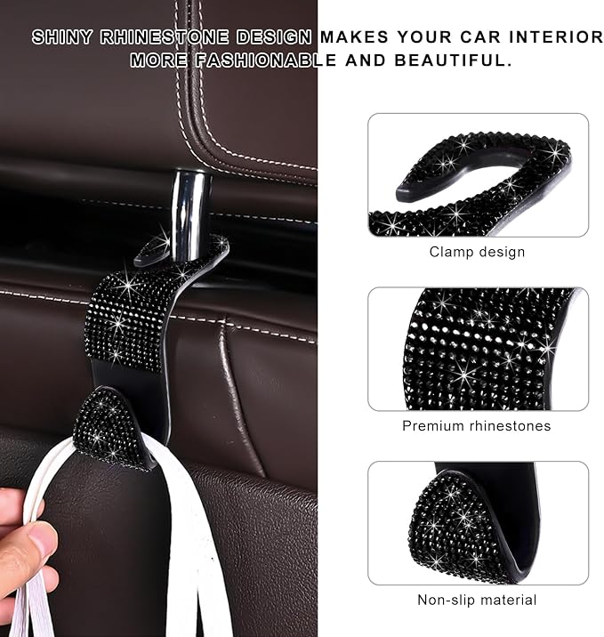 4 PCS Car Seat Headrest Hooks, Bling Crystal Rhinestone Back Seat Hanger Storage Organizer, Sparkly Seatback Holder Hooks for Purse and Bags Universal For Most Vehicles (Black)