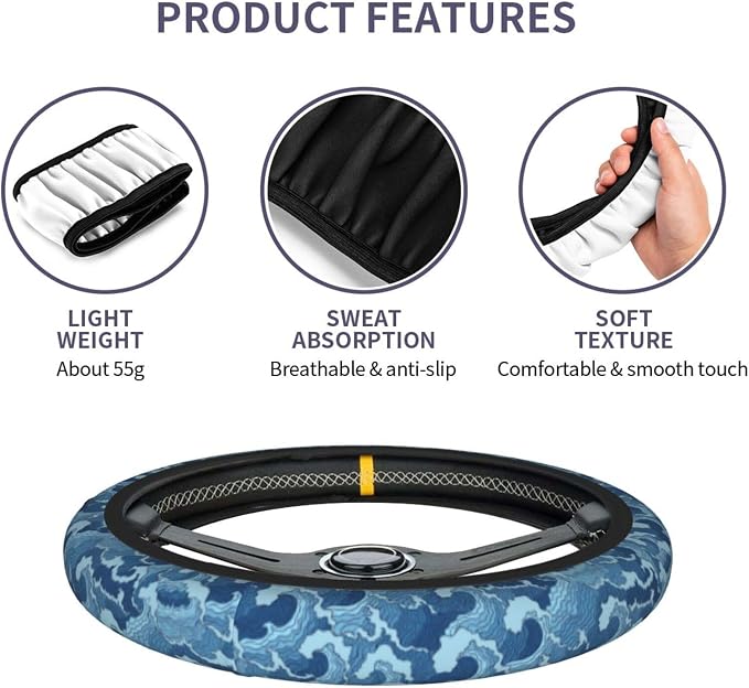 Waves Japan Blue Steering Wheel Cover Car Accessories Cute for Women Girls Girly Universal 15 Inch Neoprene Auto Interior Decor Anti Slip Car Truck Protector