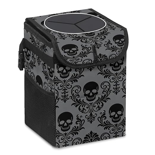 Gothic Skull Car Trash Can, Waterproof Portable Mini Garbage Bin, Lightweight No-Install Waste Basket for Car Office Home, Cute Multifunctional Car Interior Accessory