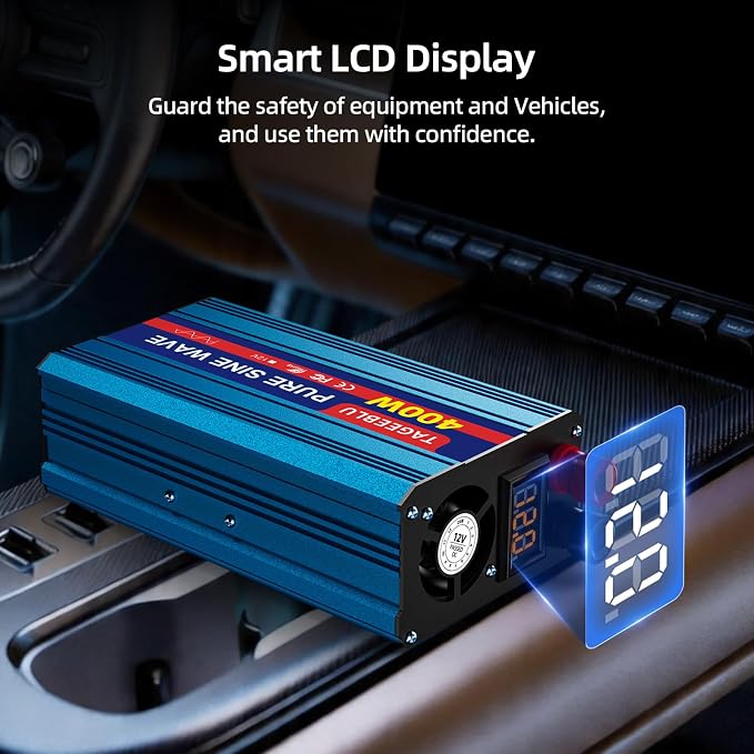 400W Pure Sine Wave Power Inverter 12V DC to 110V 120V AC for Vehicles | Car Cigarette Lighter Adapter inverter with 2 AC Outlets, Converter for Car with LCD Display for Solar RV Truck Home Camping