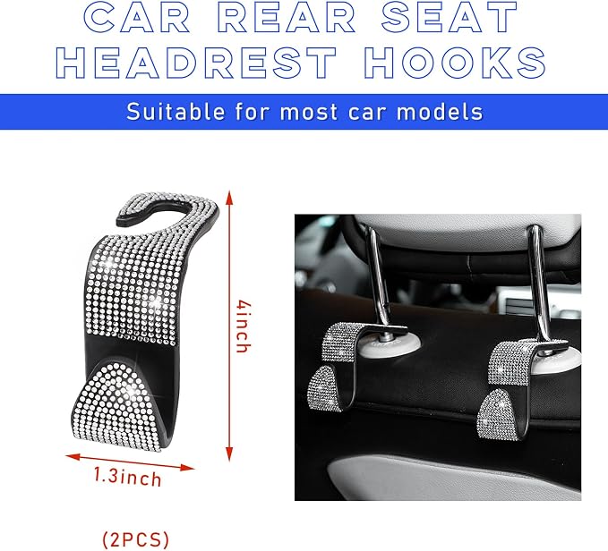 2 PCS Bling Car Seat Headrest Hooks, Crystal Rhinestone Back Seat Hanging Storage Organizer, Vehicle Seat Hanger Holder for Purse Handbag Coat, Interior Car Accessories (White)