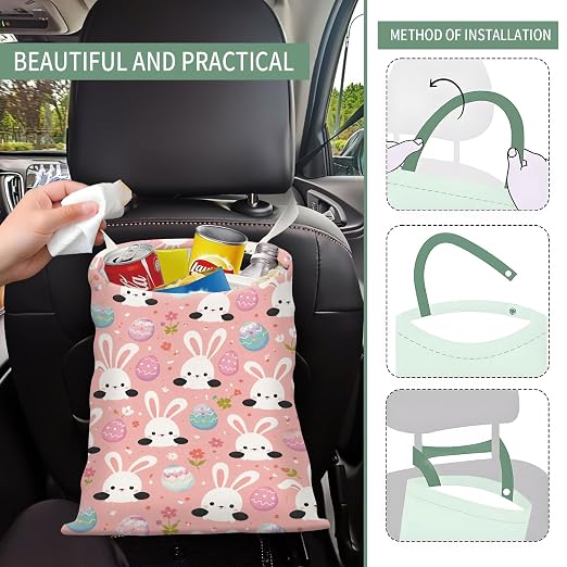 Cute Car Trash Can, Hanging Canvas Car Back Seat Organizer and Storage Bag, Funny Car Trash Bag for Travelling, Outdoor Cute Pink Bunny Egg
