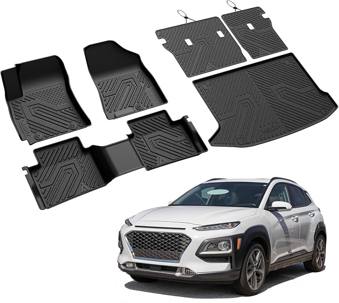 Floor Mats & Backrest Mats & Cargo Mat for Hyundai Kona Gas 2018-2023 /Kona N 2023 2022 (Not Fit EV), All Weather TPE Custom Fit Floor Liners Car Mats & Trunk Mats Accessories, Black