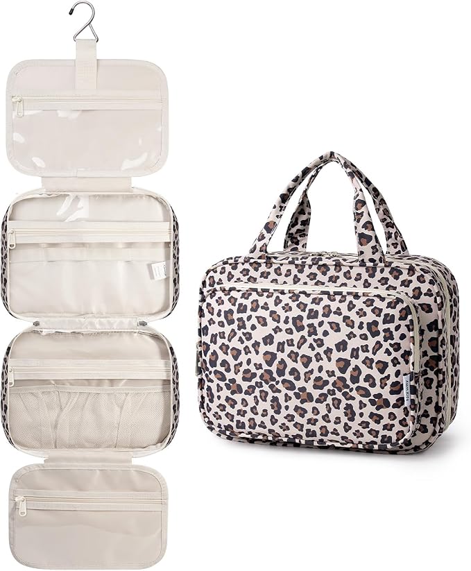 Travel Toiletry Bag for Women Large Capacity, Hanging Makeup Bag Organizer Toiletries Bag for Full Size Essentials, Accessories, Brushes, Cosmetics (Beige Leopard (Large))