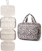 Travel Toiletry Bag for Women Large Capacity, Hanging Makeup Bag Organizer Toiletries Bag for Full Size Essentials, Accessories, Brushes, Cosmetics (Beige Leopard (Large))