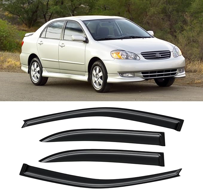 Window Visors for 2003-2008 Toyota Corolla, Rain Guards Shields Vent Deflector Shade Dark Smoke 2004 2005 2006 2007, Tape-On, 4PCS