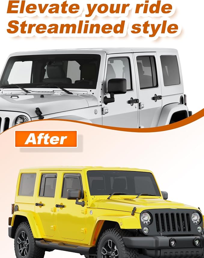 in-Channel Window Rain Guards Fit for Jeep Wrangler JK 2007-2018 Rain Guards Extra Durable Window Deflectors Visors Vent Visors Shades Car Accessories -4 pcs
