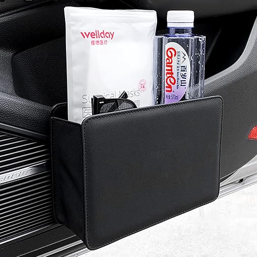 Car Trash Can, Leather Vehicle Trash Bin Car Dustbin Garbage Organizer Holder with 30 Pcs Trash Bags, Foldable Hanging Mini Cars Storage Bag Container for Auto, SUV (Black)