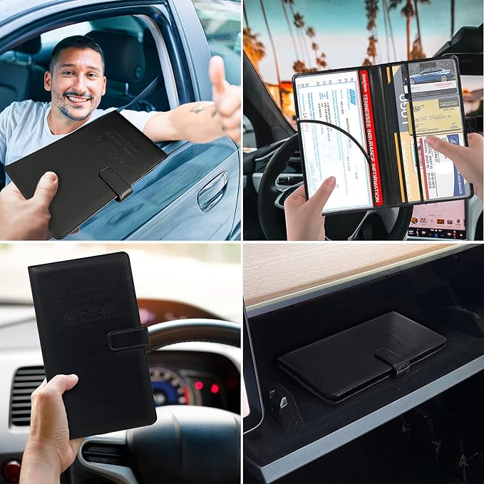 Car Registration and Insurance Holder, Leather Car Glove Box Organizer, Cool Car Accessories for ID, Driver's License Cards & Essential Document, Men&Women, Black