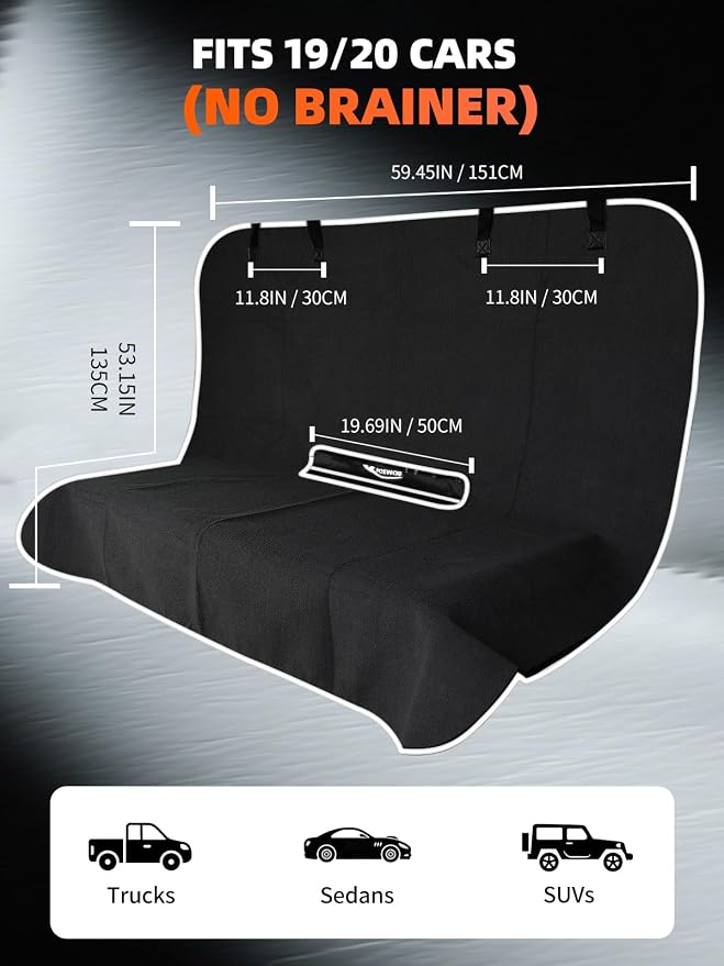 Rear Bench Seat Cover, Waterproof, Sweatproof, Non-Slip Protector for Back Seat, Dual-Layer Microfiber Terry, Universal Fit for Cars, Trucks, SUVs – Embroidered Design (Black, 1 Pack)