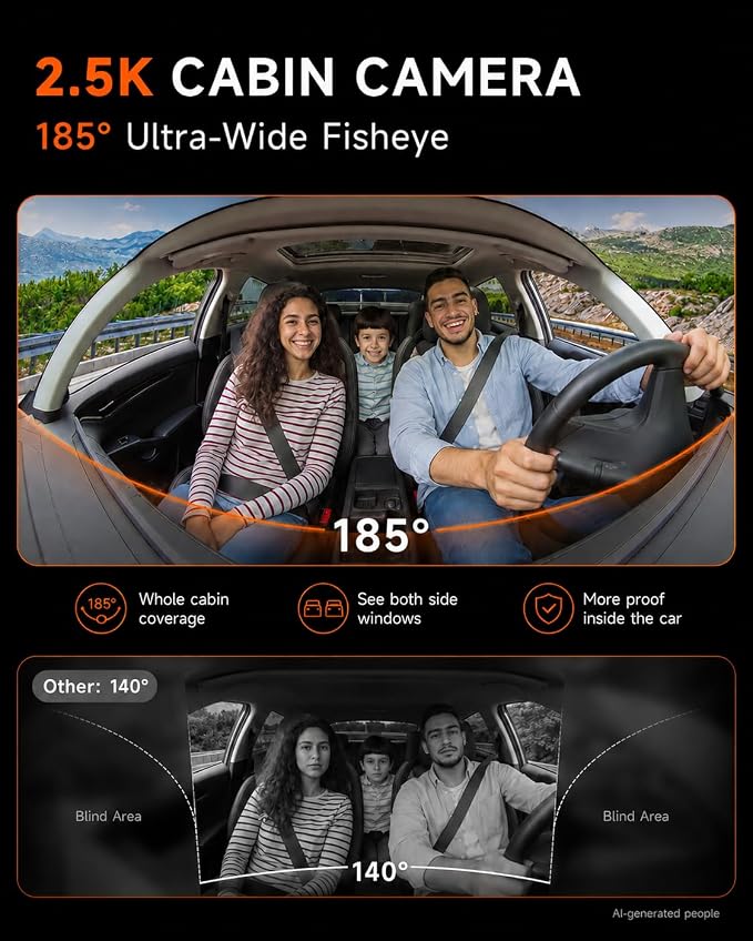 360° Dash Cam Front and Inside 4K+2.5K, 2 Channel Dashcam for Car, 185° Cabin Fisheye Car Camera with Night Vision, WiFi APP, GPS, G-Sensor, Parking Mode and 64GB Card Included