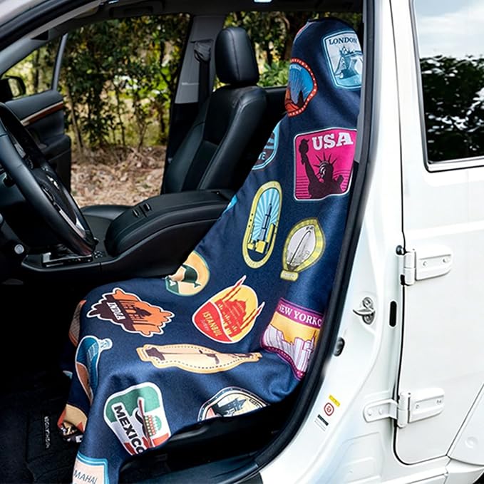 Car Seat Cover Towel for Front Seats Non-Slip with Headrest Pocket & Strap | Universal Fit for Cars Truck SUV|Car Seat Hoodie & Phocho Perfect After Gym Workout, Beach,Yoga and Running|Anti-dog Scratch
