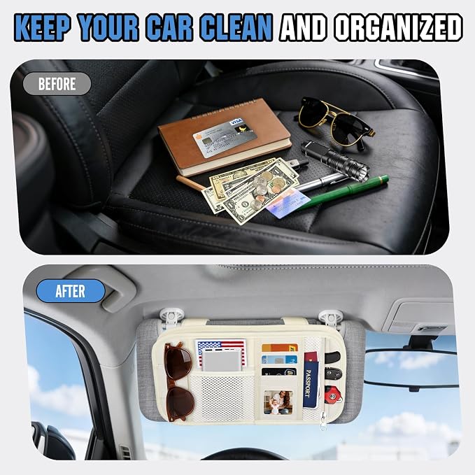 Car Sun Visor Organizer, Tactical Car Accessories with Zipper Storage Pouch, Glasses Clip Card Sleeve Pocket, Multi-Pocket Visor Organizer Fits Most Cars, SUVs, Trucks