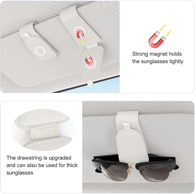 Sunglass Holder for Car Visor, White, 2 Packs | Suede Cloth, Magnetic, Organizer for Car Accessories
