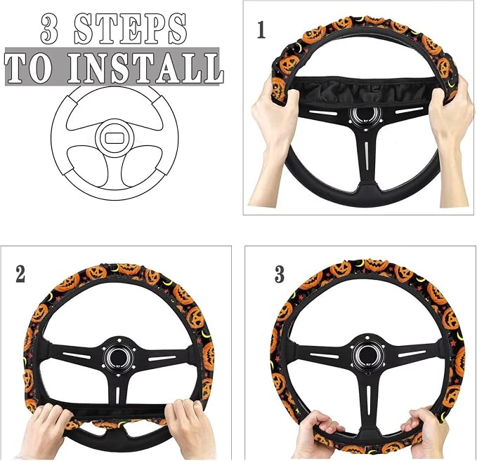 Halloween Car Steering Wheel Cover 15 Inch Universal Breathable Soft Anti-Slip Auto Accessories Steering Wheel Protector Fit for Most Vehicles, Pumpkin Moon Star
