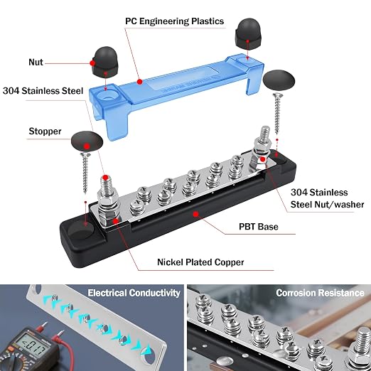 M6 Marine Buss Bars 12V Waterproof Battery Distribution Block 150A Power Terminal Block with 2 x M6 Posts,10 x M4 Terminal Screws, Negative Ground Bar for RV, Solar Wiring